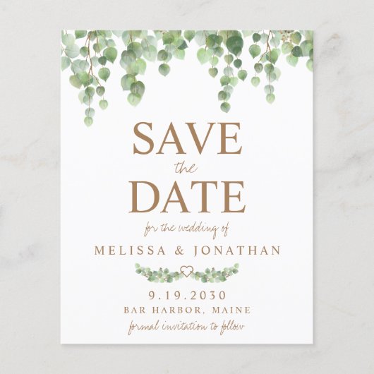 Papier Budget Vert Eucalyptus Mariage Enregistrer La Date (Devant)