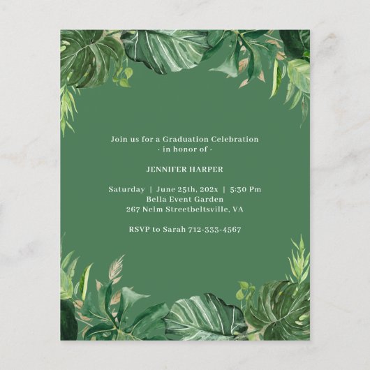Papier Budget vert Faire-part de graduation tropicale (Dos)