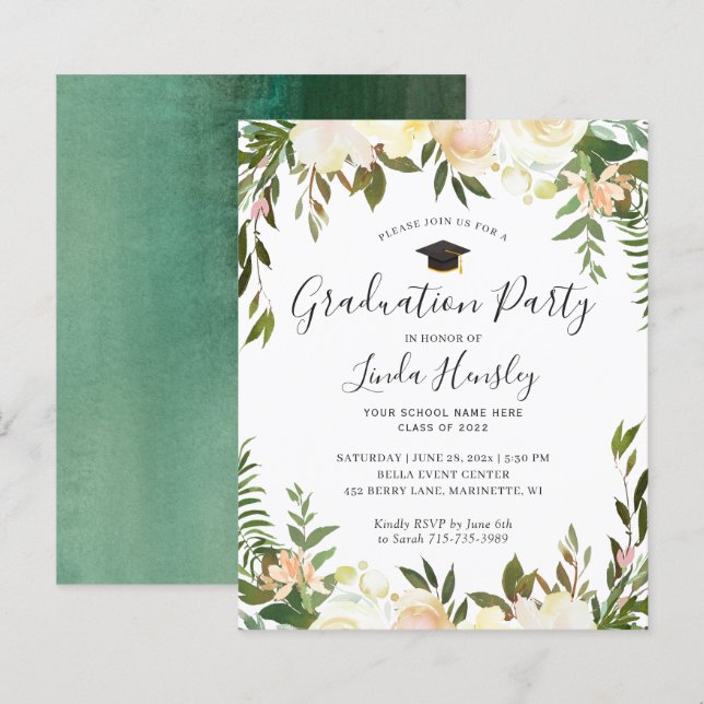 Papier Budget Vert Floral Graduation Party Invitation (Devant / Derrière)