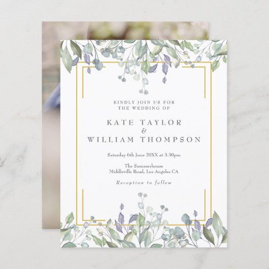 Papier Budget Vert Floral Mariage Photo Invitation (Devant / Derrière)