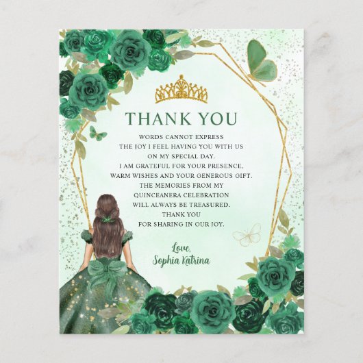 Papier Budget Vert Floral Princesse Quinceañera Merci (Devant)