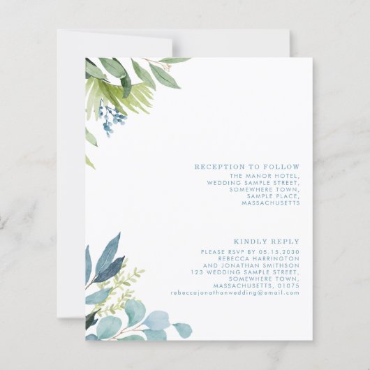 Papier Budget Vert Foliage Faire-part de mariage Bleu (Dos)