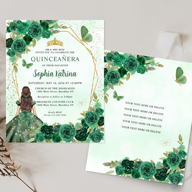 Papier Budget Vert foncé Or Floral Princesse Quinceañera (Créateur téléchargé)
