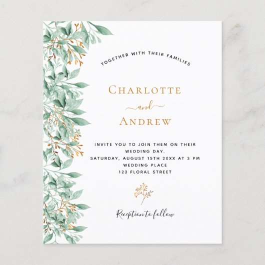 Papier Budget Vert mariage botanique fleuri or (Devant)
