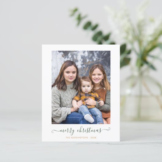 Papier BUDGET Vert Or Simple Script Photo de Noël (Debout devant)