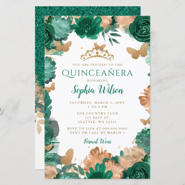 Papier Budget Vert Rose Beurre d'or Quinceañera (Devant / Derrière)