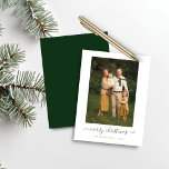 Papier BUDGET Vert Simple Script Joyeux Noël Photo<br><div class="desc">BUDGET Green Simple Script Modern Joyeux Noël Photo Holiday Card avec vos photos préférées et un script simple mais élégant Joyeux Noël salutation. L'arrière est une forêt d'hiver verte. Parfait pour vos cartes de fin de année cette année ! **Notre papier BUDGET est plus petit, plus léger et plus délicat,...</div>