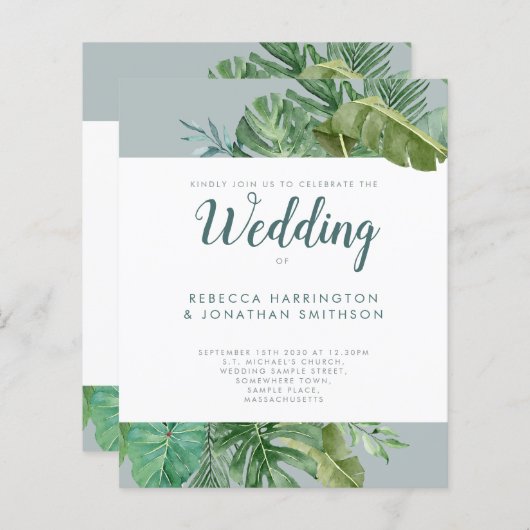Papier Budget Vert tropical Greenery Mariage gris Invitat (Devant / Derrière)