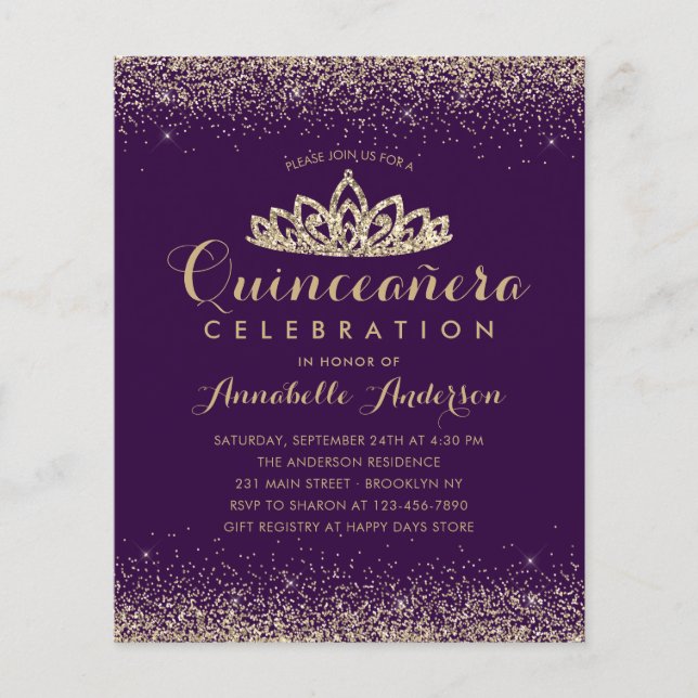 Papier Budget Violet violet or Quinceañera Tiara Invitati (Devant)