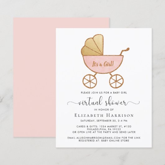 Papier Budget Virtual Baby Girl Shower Invitation (Devant / Derrière)