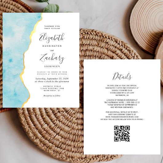 Papier Budget Watercolor Aqua Blue Agate QR Code Wedding