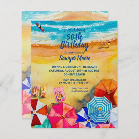 Papier Budget Watercolor Beach Anniversaire Fête Invitati (Devant / Derrière)