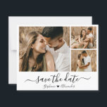 Papier Budget Whimsical Calligraphie Photo Enregistrer La<br><div class="desc">Élégant budget Moderne Minimaliste Calligraphie Script 3 Collage de photos Enregistrer les cartes de dates en noir et blanc. Ce design romantique et délicat est parfait pour un mariage moderne. Caractéristiques 3 (trois) grille photo collage, une calligraphie whimsical dans la main lettré style swash queue police avec coeur d'amour. Facile...</div>