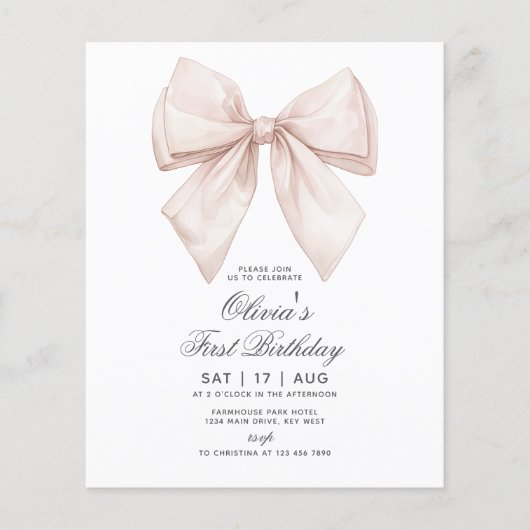 Papier Budget White Bow Invitation d'anniversaire (Devant)