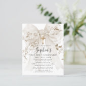 Papier BUDGET White Bow Rose First Communion Invite (Debout devant)