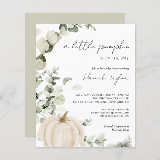 Papier Budget White Citrouille Automne Baby shower Invita (Devant / Derrière)