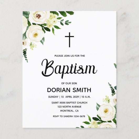 Papier Budget White Floral Boy Baptism invitation (Devant)