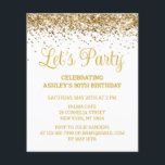 Papier Budget White & Gold 30th Birthday Party Invitation<br><div class="desc">Invitation de Parties scintillant blanche et or,  30e invitation anniversaire Faisons la fête,  budget Trente ans N'importe quel âge,  Quarantième Cinquante-Cinquante-Soixante,  Personnalisé 21e 40e 50e 60e,  Élégant Milestone Célébrer Sweet 16,  Personnalisé 18e Glam Golden Confetti,  Calligraphie adulte Chic tendance simple pour elle,  16e quinceanera de Bling 15e célébration</div>