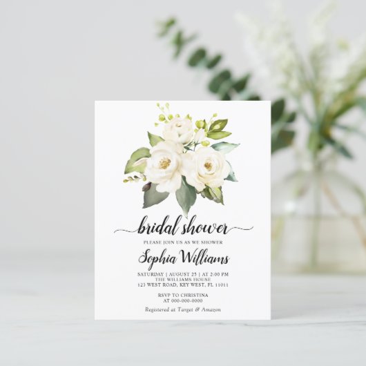 Papier Budget White Rose Fleurs Bridal Douche Invitation (Debout devant)