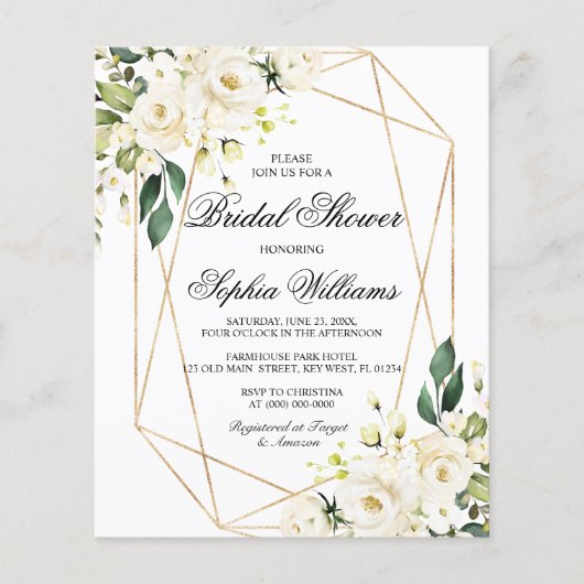 Papier Budget White Rose & Green Bridal Shower Invitation (Devant)