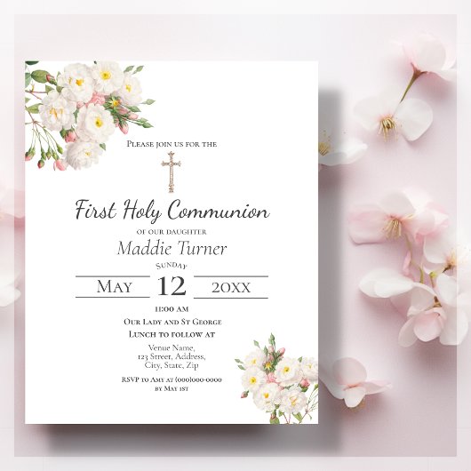 Papier Budget White Rose Première communion Invitation