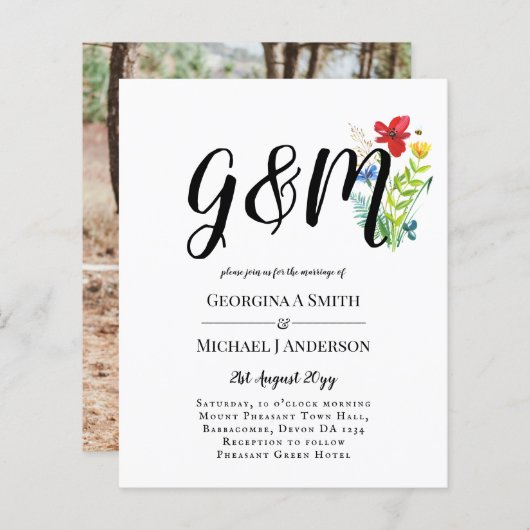 Papier Budget Wild Flower Typographie photo Mariage INVIT (Devant / Derrière)