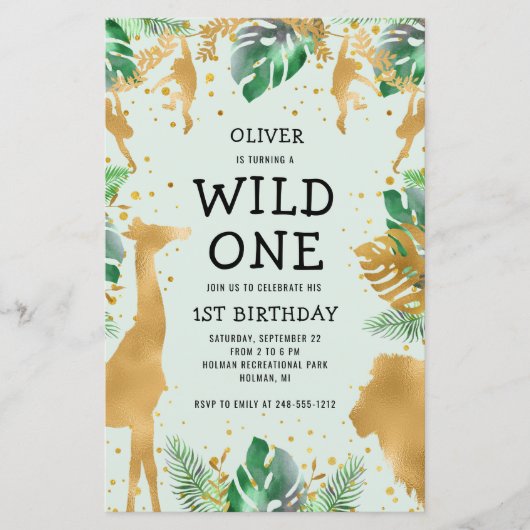 Papier Budget Wild One Green Gold Safari Invitation (Devant)