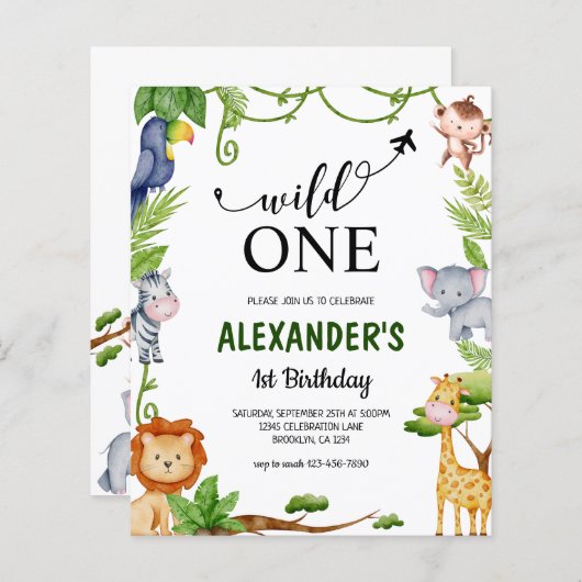 Papier Budget Wild One Safari Jungle Animaux Anniversaire (Devant / Derrière)