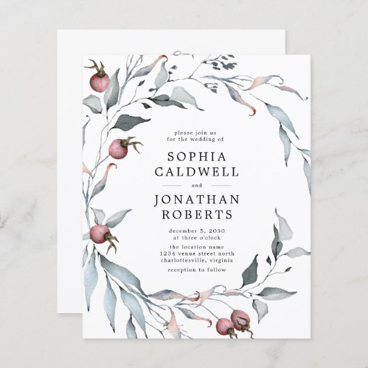 Papier Budget Winter Berries QR Code Faire-part de mariag (Devant / Derrière)