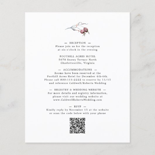 Papier Budget Winter Berries QR Code Faire-part de mariag (Dos)