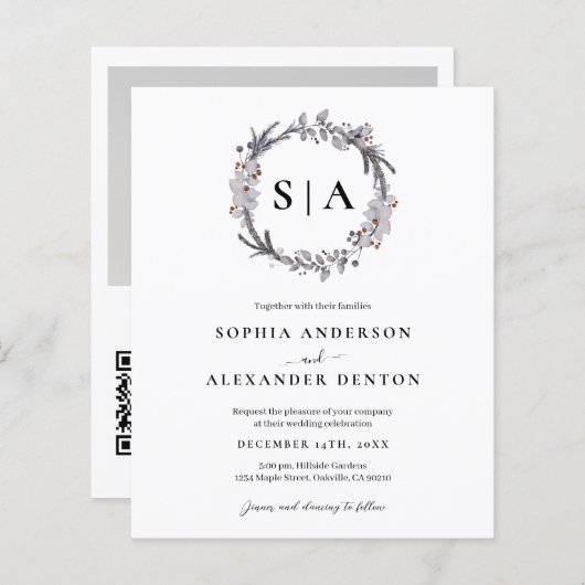 Papier Budget Winter Wreath Photo QR code mariage invitat (Devant / Derrière)