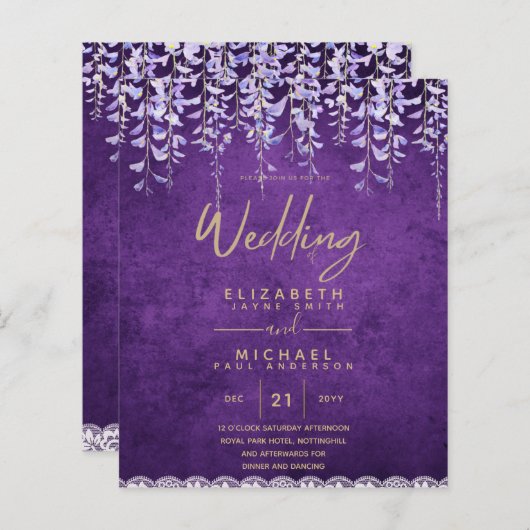 Papier BUDGET Wisteria Purple Floral Lace Mariage INVITE (Devant / Derrière)
