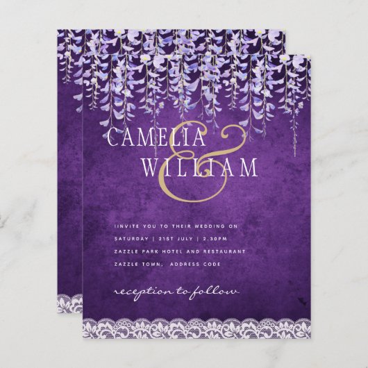 Papier BUDGET Wisteria Purple Floral Lace Mariage INVITE (Devant / Derrière)