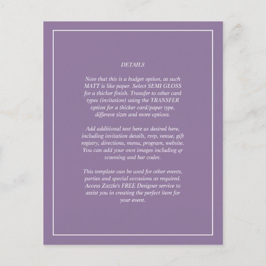 Papier Budget Wisteria Purple Mariage Simple Monochrom (Dos)