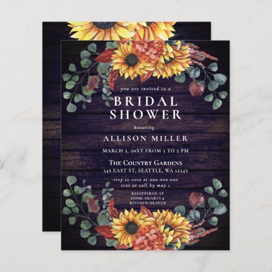 Papier Budget Wood Sunflowers Invitation de douche nuptia (Devant / Derrière)