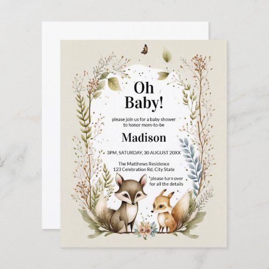 Papier Budget Woodland Créatures Baby shower Invitation (Devant / Derrière)