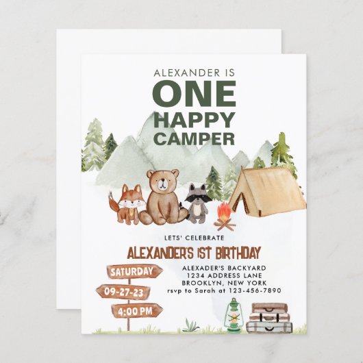 Papier BUDGET Woodland One Happy Camper 1er anniversaire (Devant / Derrière)