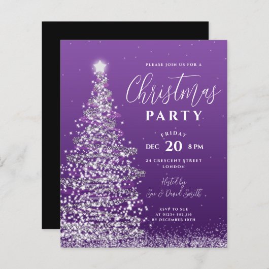 Papier Budget Xmas Arbre Argent Purple Invitation de vaca (Devant / Derrière)