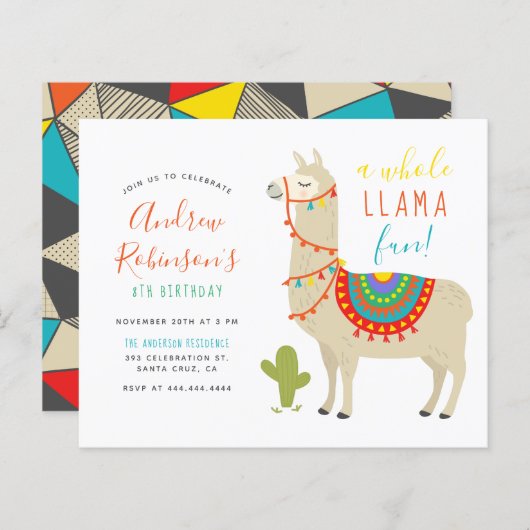 Papier Budgetiser une fête d'anniversaire d'un lama amusa (Devant / Derrière)