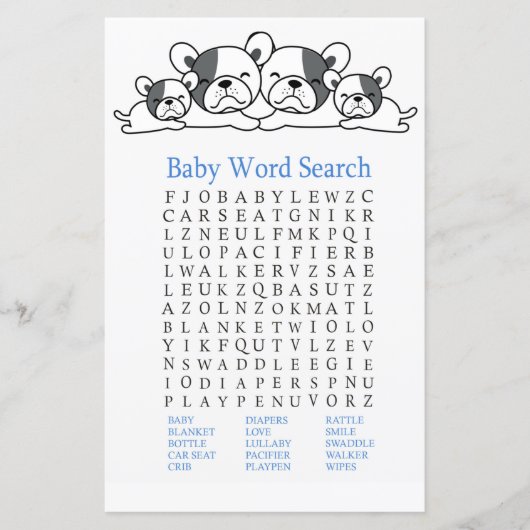 Papier Bulldog Baby shower Word Jeu de recherche (Devant)