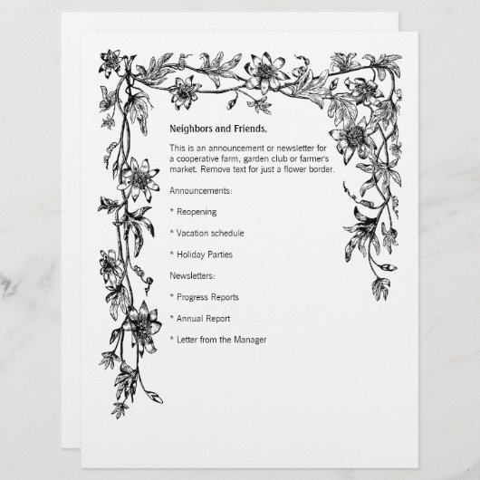 Papier Bulletin de bordure de vignes et de fleurs (Devant / Derrière)