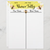 Papier Bunco Tally Score Sheet Bee (Devant / Derrière)