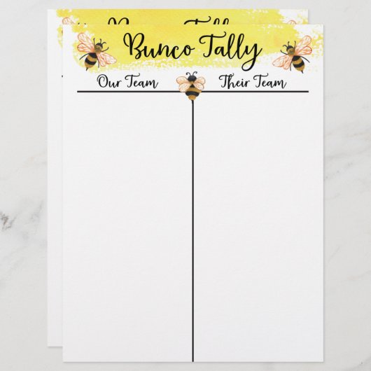 Papier Bunco Tally Score Sheet Bee (Devant / Derrière)