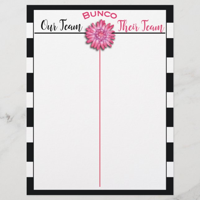 Papier Bunco Tally Score Sheet Black & White Pink Flower (Devant)