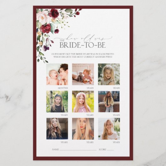 Papier Burgundy Aquarelle Floral Fête des mariées Jeu (Devant)