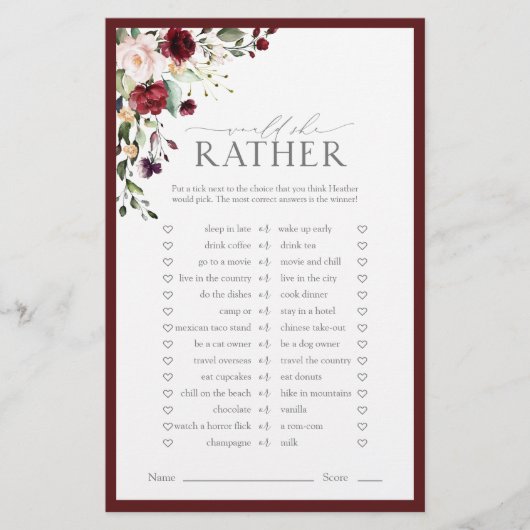 Papier Burgundy Aquarelle Floral Fête des mariées Jeu (Devant)