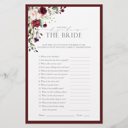 Papier Burgundy Aquarelle Floral Fête des mariées Jeu (Devant)