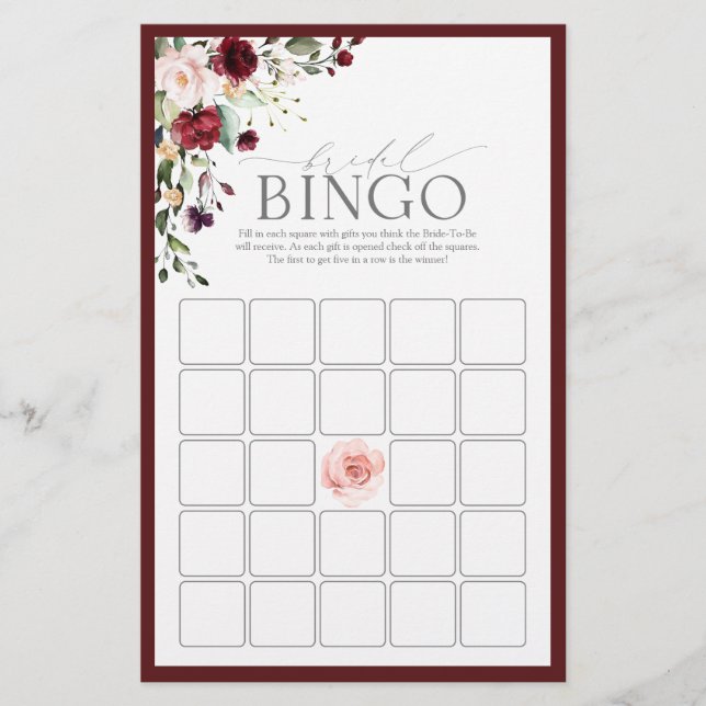 Papier Burgundy Aquarelle Florale Bride Jeu de Bingo (Devant)