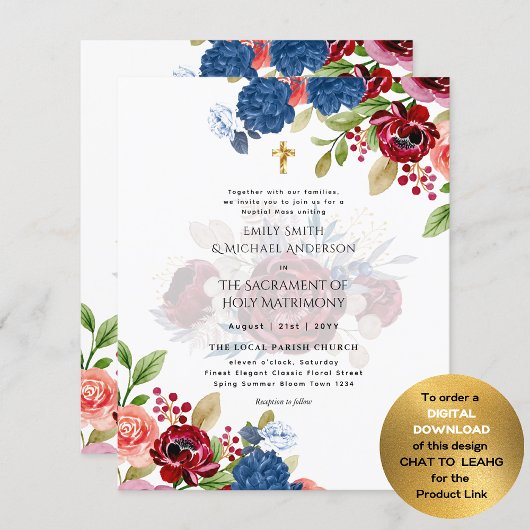 Papier Burgundy Bleu Floral Catholique Messe Nuptiale Mar