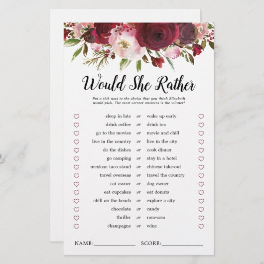 Papier Burgundy Blush Fête des mariées Jeu (Devant / Derrière)